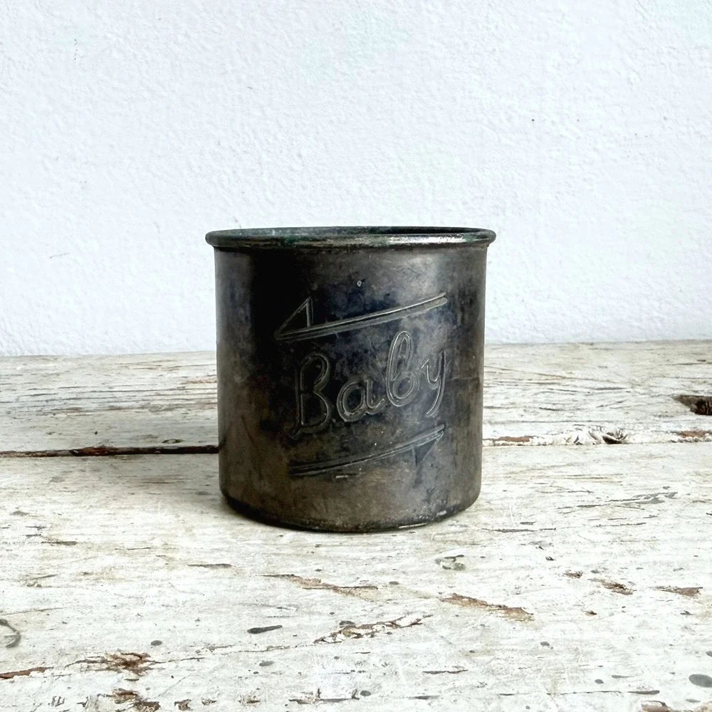 Antique Silver Plate Baby Cup Engraved L.B. Primitive Patina Decorative Vessel